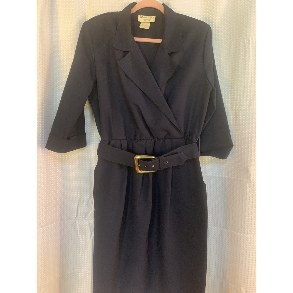 Vtg. NEW LOOKS CALIFORNIA Dark Navy Belted‎ DRESS Women's Size 12